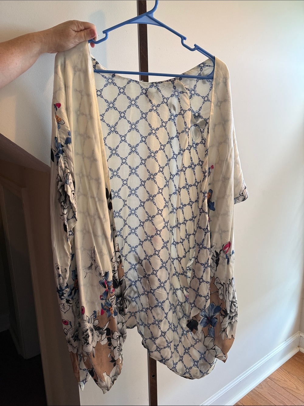 Chico’s Floral Print Open-Front Kimono Jacket in Cream and Blue